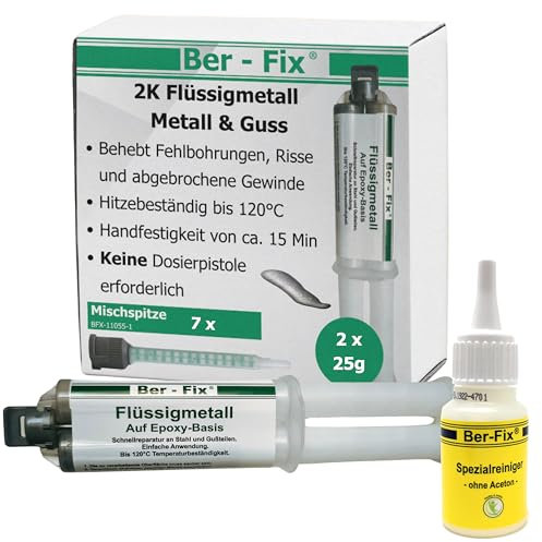 Ber-Fix 2K Flüssigmetall 2x 25g + 7 Spitzen & 20g Spezialreiniger, hitzebeständig bis 120°C, starker Metallkleber & Metallspachtel für Reparaturen