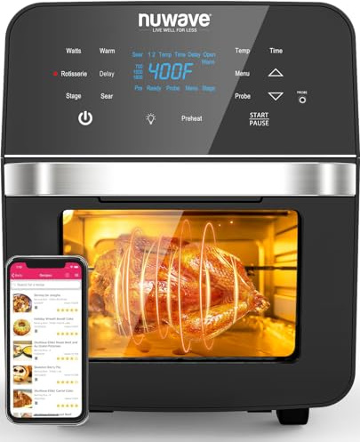 Nuwave Brio Air Fryer Oven, 15.5Qt X-Large Family Size, SS Rotisserie Basket &-Skewer Kit, Powerful 1800W, 50F-425F Temp Controls, Integrated Smart Thermometer