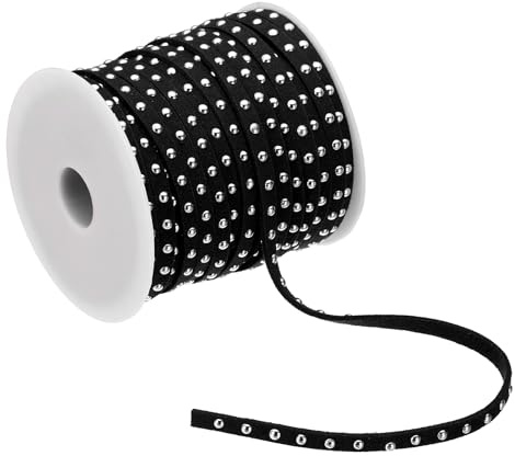 PATIKIL 22 meter dubbat fuskmocka rep för smyckestillverkning, 5 mm mikrofiber platt läder spets pärlband med nitar, svart silver