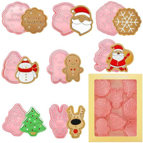 Mainiusi Lot de 8 Emporte Pièces Noël 3D Plastique Emporte Piece Patisserie avec Tampon à Biscuits pour Biscuits Faits Maison, Fondants, Décoration de Gâteau, Noël Emporte-pièces Moule Biscuit