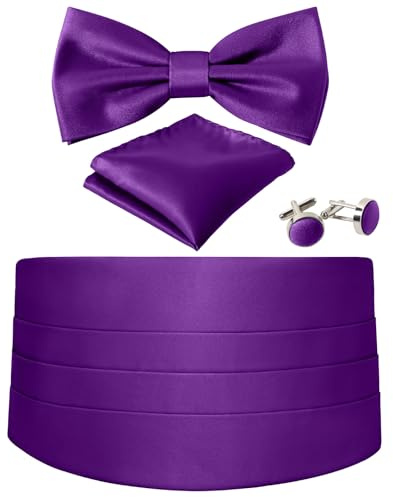 Cummerbund and Bow Tie Set Solid Color Adjustable Formal Men's Purple Cumberbund Bowtie Cufflinks Set & Pocket Squares