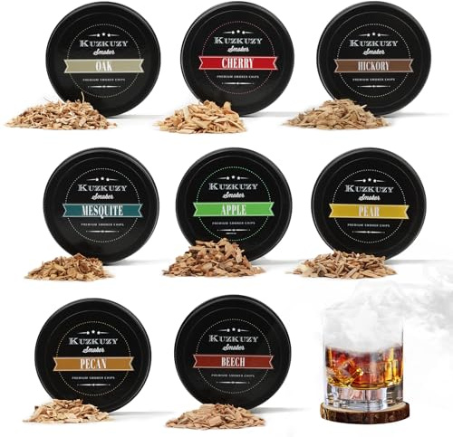 Cocktailrökare, träflisor sortspaket – 8 unika smaker för bourbon-whiskyrökare-kit – äpple, hickory, körsbär, päron, ek, pekanna, bok, mesquit, perfekt som present till whiskyälskare och hemmabar