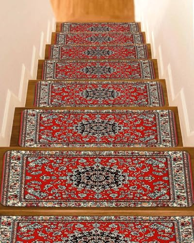 Abstract Red Stair Treads for Wooden Steps Indoor, Stair Treads Carpet Peel Stick Self-Adhesive Staircase Step Treads, Vintage Distressed Traditional Oriental Boho Tribal Runner Mat 15 Pack 8x30