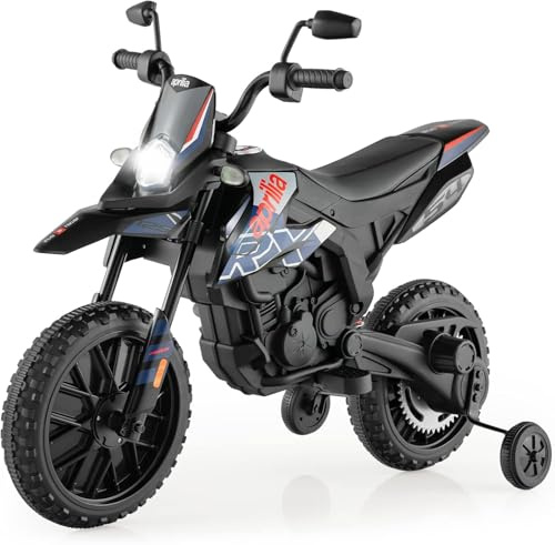 FANTASK Aprilia 12 V elmotorcykel för barn 5,5–6 km/h, barnmotorcykel med stödhjul och musik och strålkastare, blå och svart motorcykel för barn från 3 till 8 år