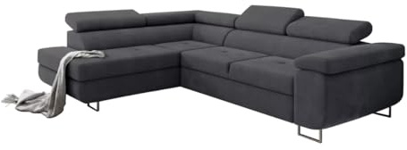 Friderik Antonia Ecksofa mit Schlaffunktion mit L-förmiger Box, Sofa mit Bettcontainer und verstellbaren Kopfstützen (Dunkelgrau, Links)