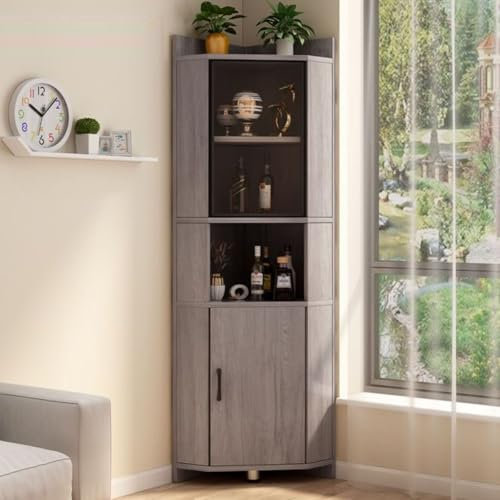 Generisch Hoher Eckschrank, Eckschrank im Landhausstil, moderner Lagerschrank mit Glastüren, freistehender Vorratsschrank für Wohnzimmer, Küche und Esszimmer, Grau