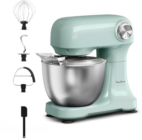Moulinex, Bake Simple, Robot pâtissier, compact, utilisation facile, Fouet, batteur et crochet petrin, QA1413F0, Vert D'eau