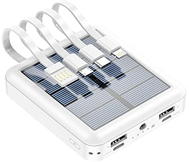 Mini power bank a energia solare da 20000 mAh con cavo USB di tipo C integrato, caricabatterie solare portatile per uso esterno, batteria esterna a ricarica rapida, bianco