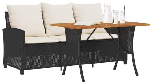 IBUQDDV Divano da giardino a 3 posti con cuscino e tavolo in polyrattan nero, piano in legno di acacia, rivestimento lavabile, resistente alle intemperie, facile da pulire, durevole, robusto telaio in