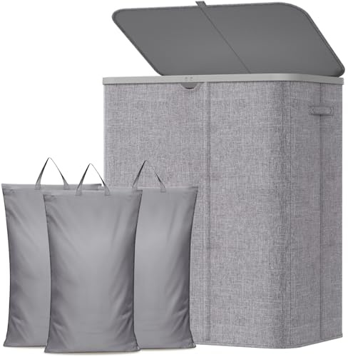 Lifewit Cesto para Ropa Sucia con Tapa, Cesta Ropa Sucia Plegable con 3 Compartimentos y Bolsas Extraíbles, Laundry Basket para Dormitorio, Baño y Lavadero, 185L, Gris Claro