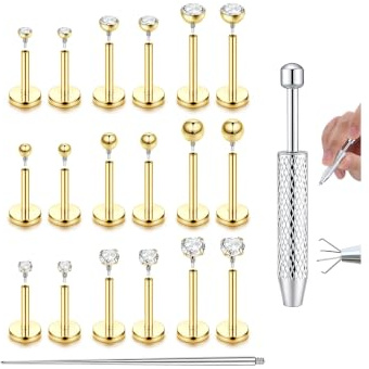 YADOCA 16G Piercing Oreja Acero Quirurgico Hipoalergenico Pendientes Tragus Mujer Espalda Plana Rosca Interna Helix Tragus Piercing Nariz Labio 6/8/10mm, Oro