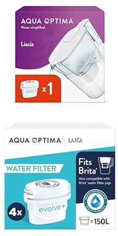 Aqua Optima Liscia Water Filter Jug & 9 Evolve+ Filter Cartridges 2.5L White - Fridge & Dishwasher Friendly, Easy Fill - Reduces Limescale, Chlorine & Other Impurities - By LAICA (Packaging May Vary)