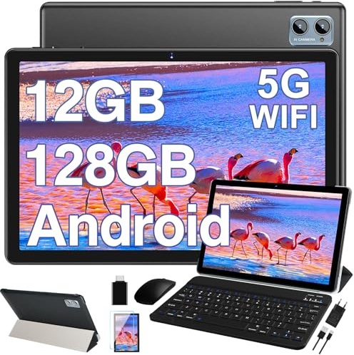 2026 Tablet 10 Pulgadas Tablets Android, 12GB RAM+128GB ROM/TF 1TB, 5G WiFi, Bluetooth 5.0, 3.5mm Audio, Batería 6000mAh, Cámara 5+8 MP, Widevine L1, GMS, Tablet con Funda, Ratón & Teclado - Negro