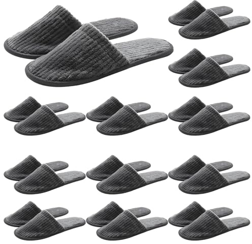12 par engångstofflor för gäster, grårandig korallfleece halkfria gästtofflor, 28,9 x 10,9 cm, bekväma skor för hotell och gästhus, lätta att rengöra
