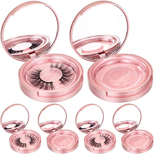 Maitys 6 Pcs Eyelash Storege Box with Mirror,Circle Eyelash Packaging Holder Case Empty Box with Holder Organizer Container for Travel Storage Cosmetic Women Ladies (Rose Gold)