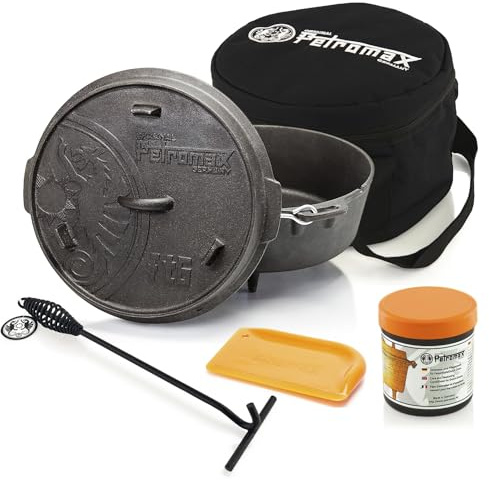 Petromax Feuertopf ft6-t Einsteiger-Set - Dutch Oven mit planem Boden inklusive Aufbewahrungstasche, Deckelheber, Pflegepaste und Schaber - für alle Grillarten und offenes Feuer - 5,5 Liter