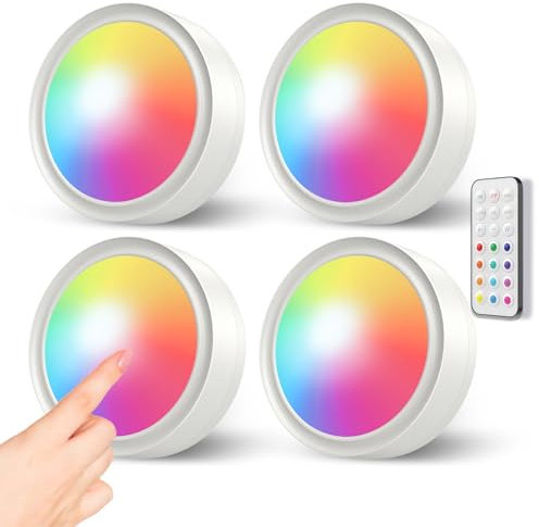Luce Armadio LED RGB con Telecomando, 4 Pezzi Dimmerabile Faretti a Batteria Adesivi Luci Vetrina Senza Fili Lampada Sottopensile Cucina Colorate Faretto Parete Luce Notturna per Guardaroba Scale