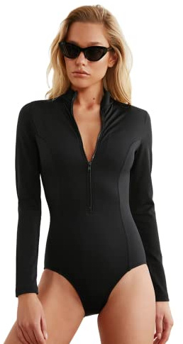 TRENDYOL Maillot de Bain Une pièce à Manches Longues pour Femme, Noir, 36