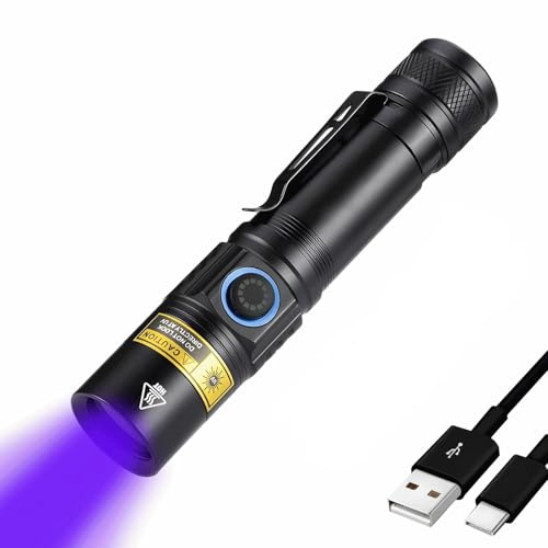 Linterna UV de 365 nm recargable, luz negra profesional luz ultravioleta, mini antorcha portátil luz negra para detección de orina de mascotas, rocas brillantes, curado de resina, mineral