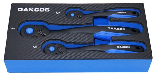 DAKCOS Umschaltknarre 3-tlg.(1/4 3/8 1/2 Zoll) mit 72 Zähnen feinverzahnte Ratsche aus CV-Stahl mit Zwei-Komponenten Griff