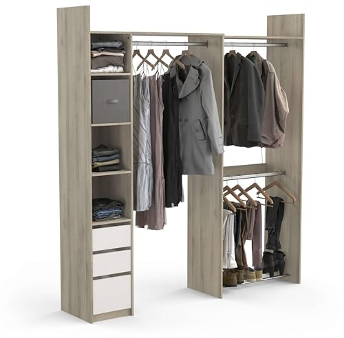 Demeyere Kit Spogliatoio Allungabile ad Angolo Aperto e Modulare 3 Cassetti 3 Barre per Armadio, Colore Rovere e Bianco, 199.7 x 43.9 x 218.3 cm