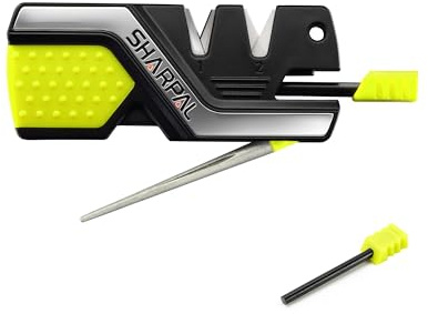 SHARPAL Afilador de cuchillos de bolsillo 101N-G con 2 arrancadores de fuego, afila todo tipo de cuchillos para exteriores y cocina, hoja dentada, carburo de tungsteno, cerámica fina y diamante
