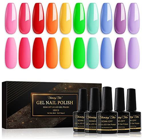 Shining She UV Nagellack Set,10 Farben Sommer Frühling Gel Nagellack Set Rosa Rot Orange Grün Blau Lila Soak Off UV LED Gel Nail Polish für Anfänger DIY Nail 8ML