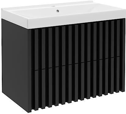 Lomadox Badmöbel Waschtisch mit Unterschrank 80 cm, 2 Schubkästen und Waschbecken in schwarz mit Lamellenfronten, B/H/T: ca. 81/62,5/46 cm