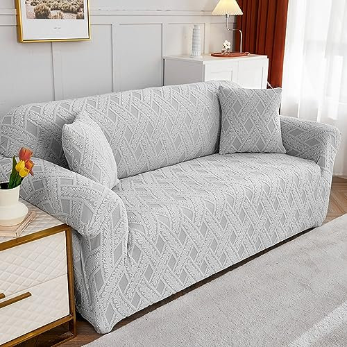 OKJK Plüsch Jacquard Sofabezug für Ledersofa, Wohnzimmer All-Inclusive Sofa überzug, auf Sofabezug l Form auftragen, Möbels sofaschoner weich und rutschfest. (Light Grey,XLarge(235-300cm))