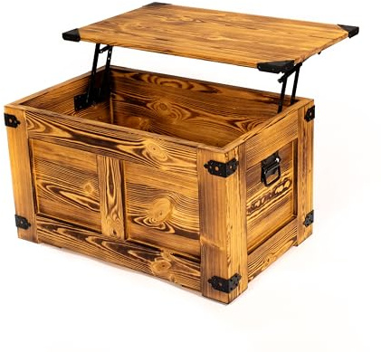 CREATIVE COOPER Mesa de centro, caja de madera, cofre del tesoro, caja de almacenamiento, rústica de trueno, mesa de café, 77 x 49 x 45 cm, baúl de madera hecho a mano, aceite de madera de roble