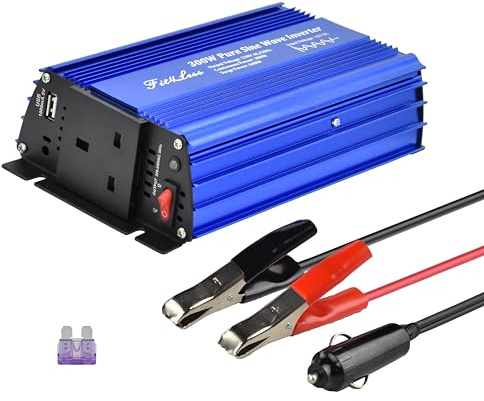 Fit4Less Pure Sine Wave power inverter 300 Watt rated 600 Watt Peak DC 12V to AC 230 50Hz with BS socket output and DC5V USB Output (Input DC12V)