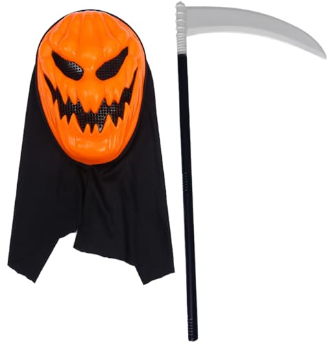 ZOOMPIL Halloween Kürbismaske, Horror Maske Kürbis, mit Sense Halloween Accessoire, Sensenmann Sichel, Demon Party Carnival Cosplay Props