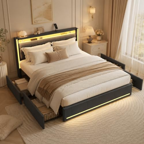 QMTXBYJ Doppelbett 180x200cm,Doppelbettrahmen mit 4 Schubladen,LED-Beleuchtung und USB Ladefunktion,Bett 180x200 mit Schubladen,Schubladenbett mit Stauraum für Jugendliche,Leinenstoff