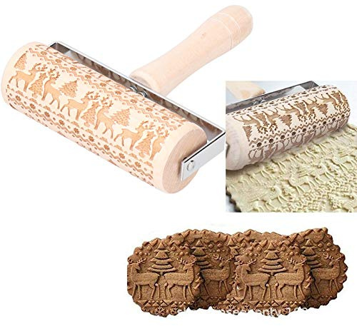 Nikou Mattarello natalizio in legno, con incisione in rilievo, con motivo alce, strumento da forno per biscotti e pasticcini, lunghezza 38 cm, accessorio da cucina
