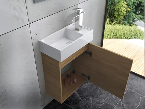 Faizee Home | Badmöbel Set Eiche – Waschtisch mit Unterschrank & Keramik-Waschbecken | Ohne Armatur | Modernes Badezimmermöbel mit elegantem Design