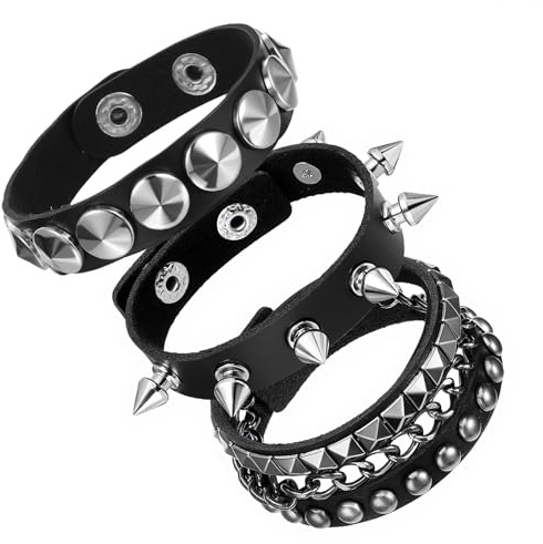 Ptwola 3 Pcs Punk Rock Leather Studded Bracelets Punk Leather Jewelry Bracelets 80s Gothic Spike Cuff Bracelet Set Retro Adjustable Wrap Wrist Cuffs for Women Men Rocker Outfits