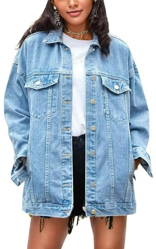 Omoone Women's Oversized Mid Long Denim Jacket Jean Biker Coat(0199-Denim Blue-S)
