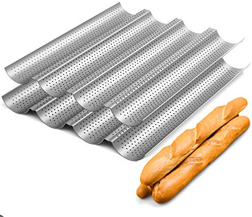 2 Pack Nonstick Perforated Baguette Pan 15 x 13 for French Bread Baking 4 Wave Loaves Loaf Bake Mold Oven Toaster Pan (Silver)