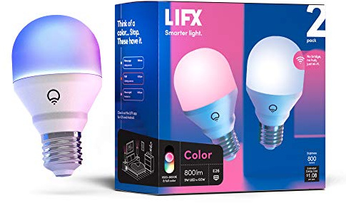 LIFX Color, A19 800 lumens, Wi-Fi Smart LED Light Bulb, Billions of Colors and Whites, No Bridge Required, Compatible with Alexa, Hey Google, HomeKit and Siri (2 Pack)