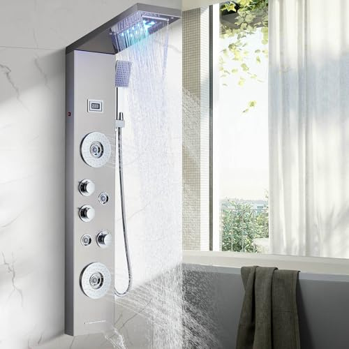 TVTIUO Brushed Nickel Shower Panel Tower Wall Mounted Tower System Shower Tower Panel 5 Functions with 4 Massage Jets…
