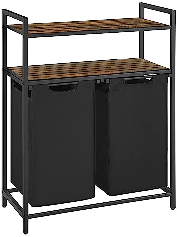 VASAGLE Cesta de lavandería, cesta de lavandería, clasificador de ropa con 2 bolsas extraíbles y extraíbles, 2 estantes, capacidad de 12.2 galones por bolsa, para baño, lavandería, marrón rústico y