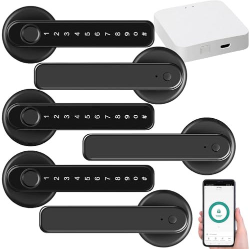 VisorTech Türöffner Fingerabdruck: 3er-Set Sicherheits-Türbeschläge + WLAN-Gateway,Fingerabdruck,PIN, App (Codeschloss Türöffner Sets, Elektro Türgriff)