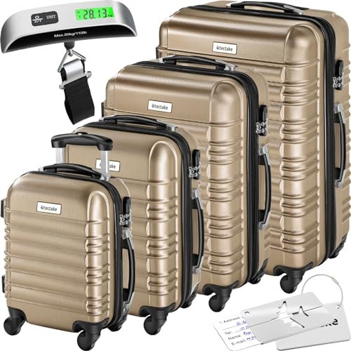 tectake® 4tlg. Hartschalenkoffer Set, Reisekoffer Set mit Rollen, Hartschale aus ABS, Koffer Set mit Teleskopgriff und Schloss, ink. Kofferwaage und Kofferanhänge, Trolley Größen S-M-L-XL - champagner
