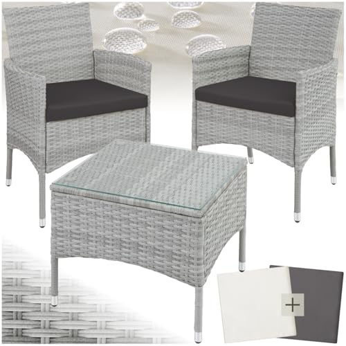 tectake® Ensemble Salon de Jardin Extérieur en Poly Rotin 2 Personnes Ensemble Fauteuil Salon et Table de Jardin, Coussins Amovibles Inclus, Mobilier de Jardin pour Amenagement Balcon Terrasse