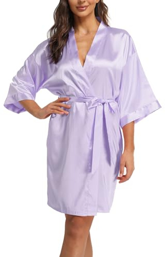 Teemie Peignoir de Bain Femme Satin Kimono Court Robe de Chambre Chemise de Nuit Mariée Mariage Veste de Pyjama Violet XL