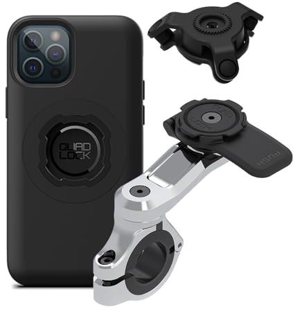 QUAD LOCK Lenker Handyhalterung PRO Chrom für Motorrad mit Vibrationsdämpfer und MAG Hülle für iPhone 12/12 Pro
