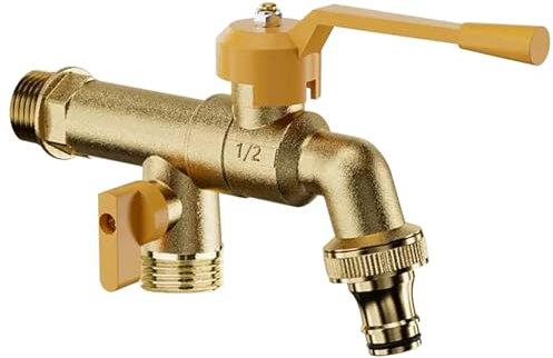 SXWYLZ Double Robinet Laiton Exterieur Jardin Robinet de Jardin Double Sortie Robinet Universel de Jardin 1/2 Robinet Eau Froide Matériel D'Arrosage pour Jardin,Couleur Laiton
