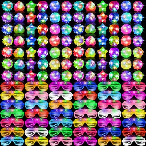 UZLU 100 Pcs LED Light Up Party Favors Bulk Glow in the Dark Glasses Rings 10 Color LED Glow Glasses Neon Sunglasses 6 Style Finger Lights Flashing Ring for Birthday Wedding Neon Party Decor
