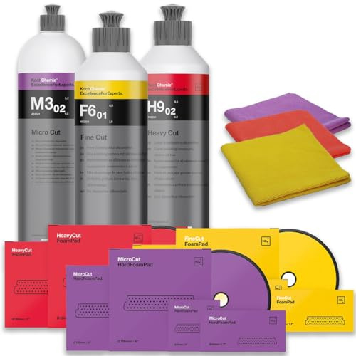 wortek Politur Set mit passendem Foam Pad und Poliertuch: Heavy Cut + Fine Cut + Micro Cut Koch Chemie Polituren (3x Pad 126mm + Politur 250ml + Poliertücher)