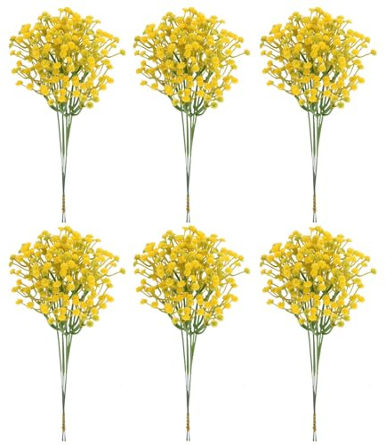 AQCQDQ 6 Blumensträuße 36 Stück Schleierkraut Künstlich, 29 cm Künstliche Blumen, Kunststoff, Tischdekoration, Hochzeitsdekoration, Party Home Decor (Gelb)